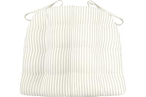 Barnett Home Decor Ticking Stripe Natural Dining Chair Pad with Ties - Standard Size 17 Chair Cushion - Latex Foam Fill - Machine Washable, Reversible, 100% Cotton, Made in USA (Beige Ivory)