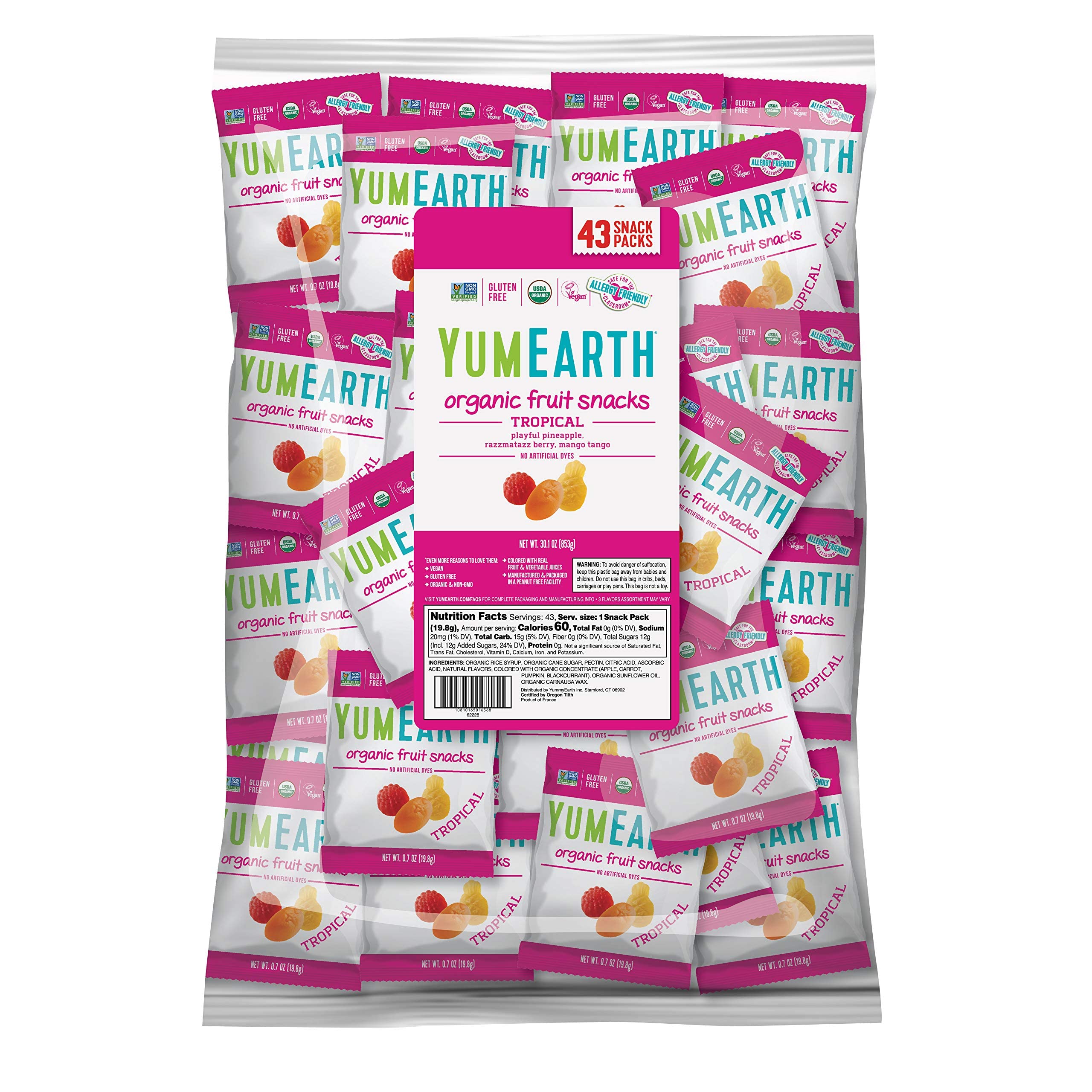 YumEarth Organic Tropical Flavored Fruit Snacks, 43ct- 0.7oz Snack Packs, Allergy Friendly, Gluten Free, Non-GMO, Vegan, No Artificial Flavors Or Dyes