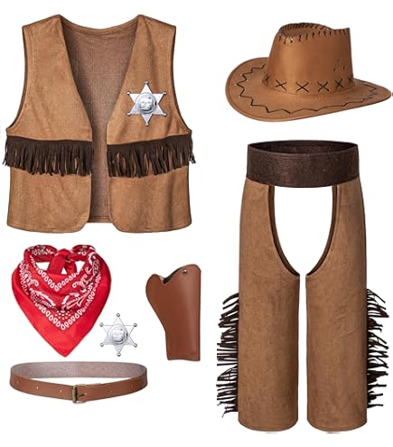 Costume Cowboy Enfant 3 Pièces – Gilet, Chapeau & Foulard – Déguisement Western Halloween, Carnaval 12 Mois à 16 Ans