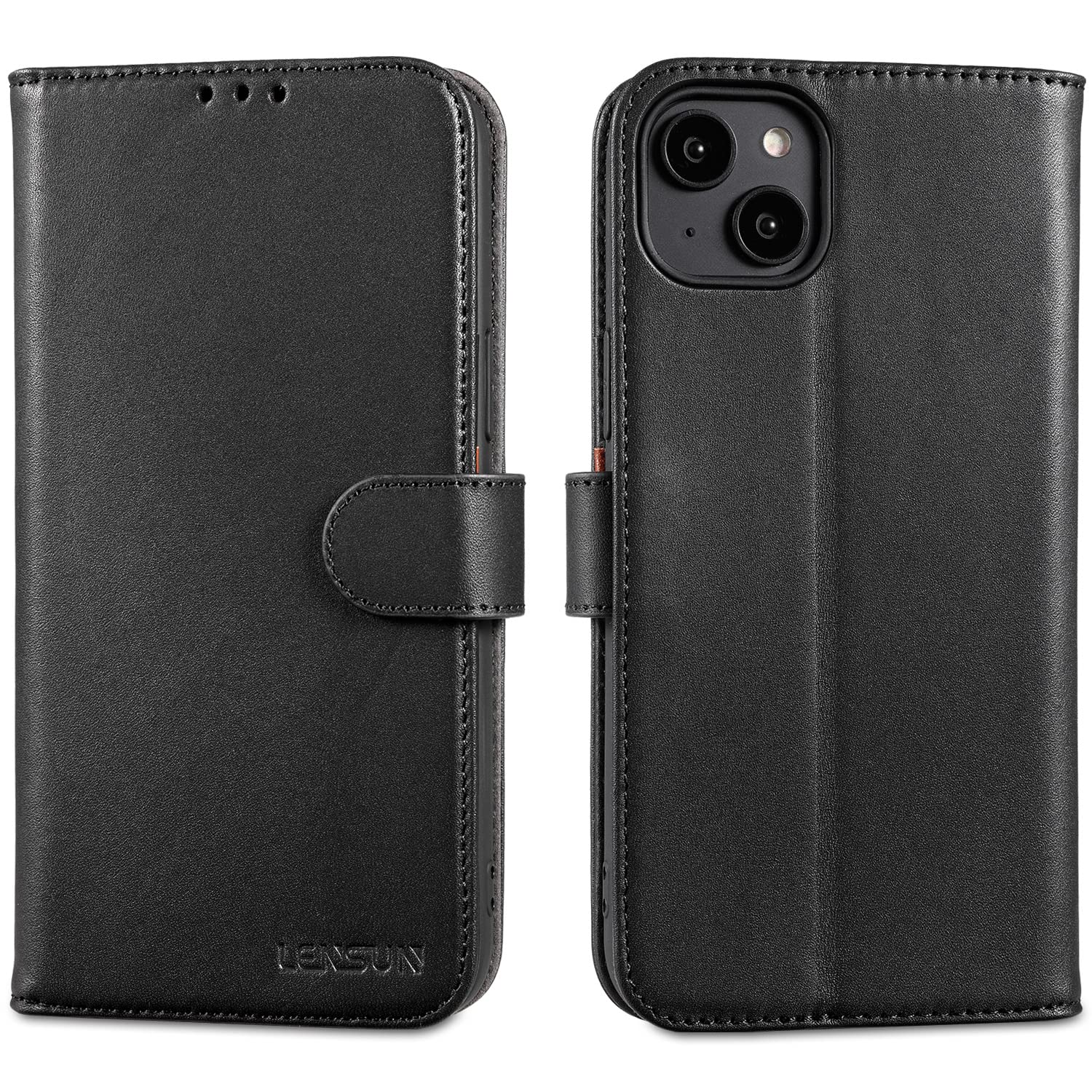 LENSUN Flip Case for iPhone 14 Plus, Genuine Leather Wallet Phone Cover Shockproof Folio [RFID Blocking] with Card Holder Compatible with Apple iPhone 14 Plus 5G - Black