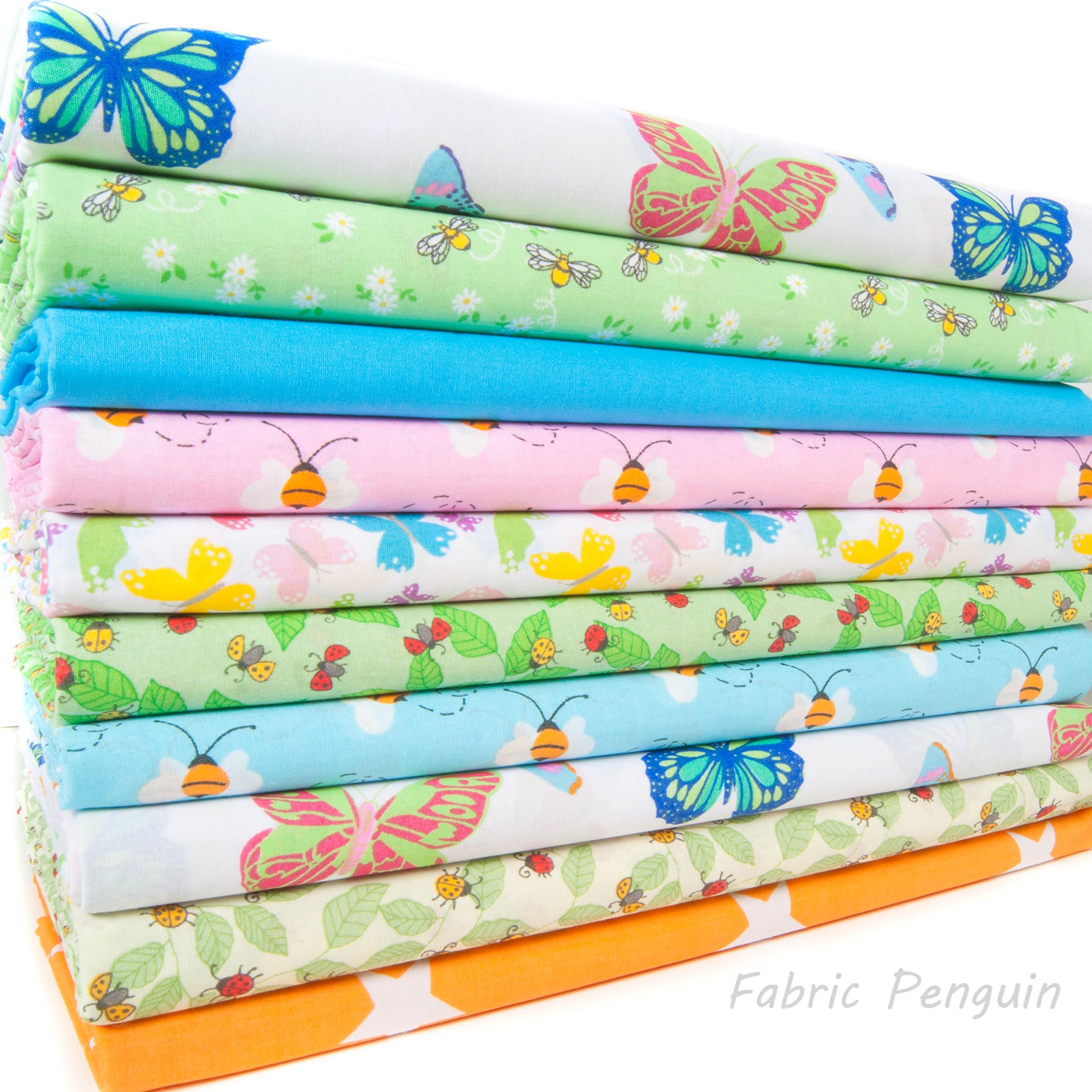Fabric Bundles Fat Quarters Butterfly for Patchwork Craft Polycotton Children Nursery Blue Yellow Purple (25cm x 25cm Squares (10" x 10"))