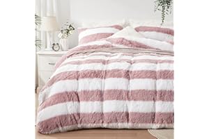 Newspin Plush Shaggy Duvet Cover Queen,Fluffy Duvet Cover Set, Luxury Ultra Soft Crystal Velvet Bedding Sets 3 pcs(1 Faux Fur Duvet Cover + 2 Pillow Shams) with Zipper Closure (Queen,Old Pink Striped)