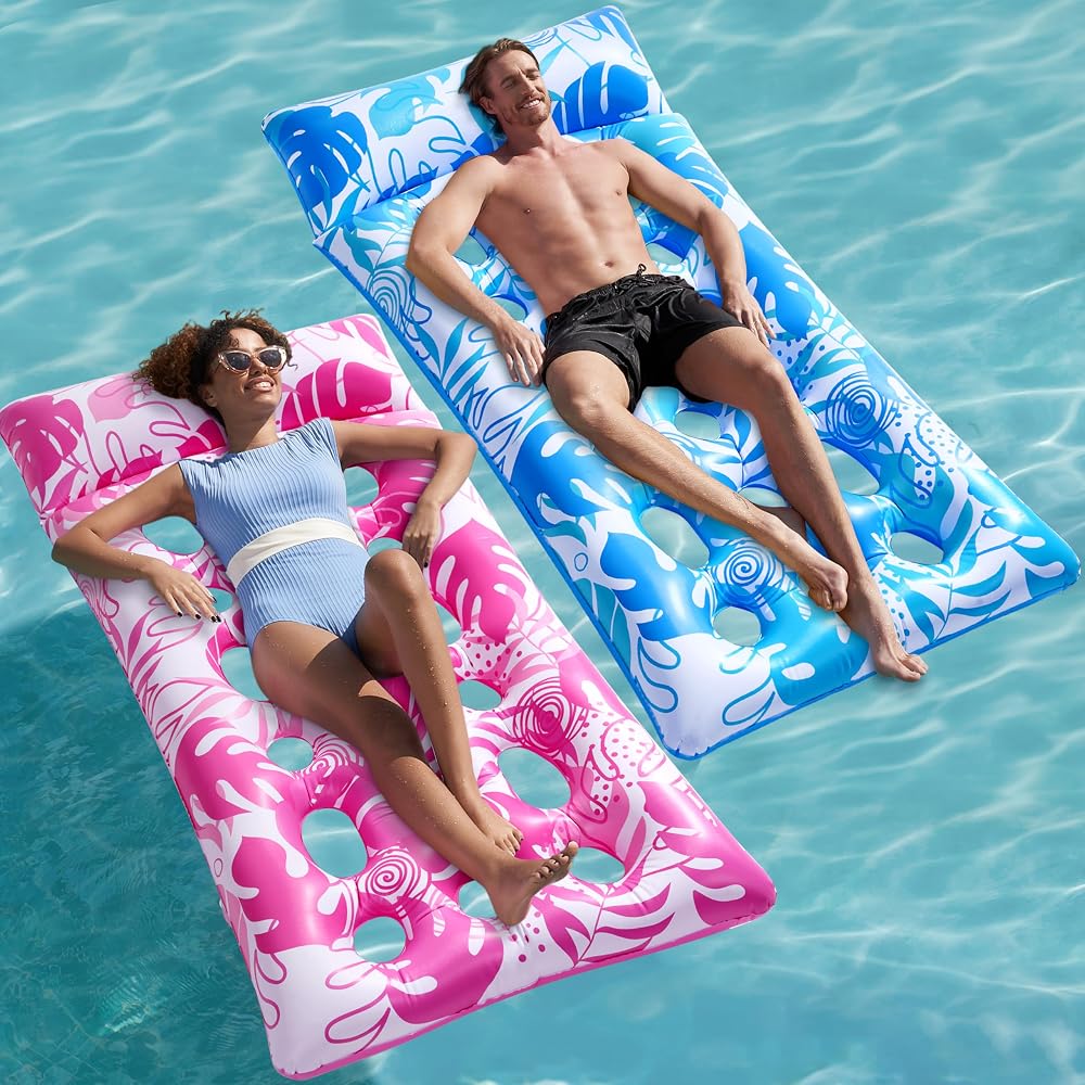 Sloosh Inflatable Pool Lounger 2 Pack XL Headrest Vents Blue Pink