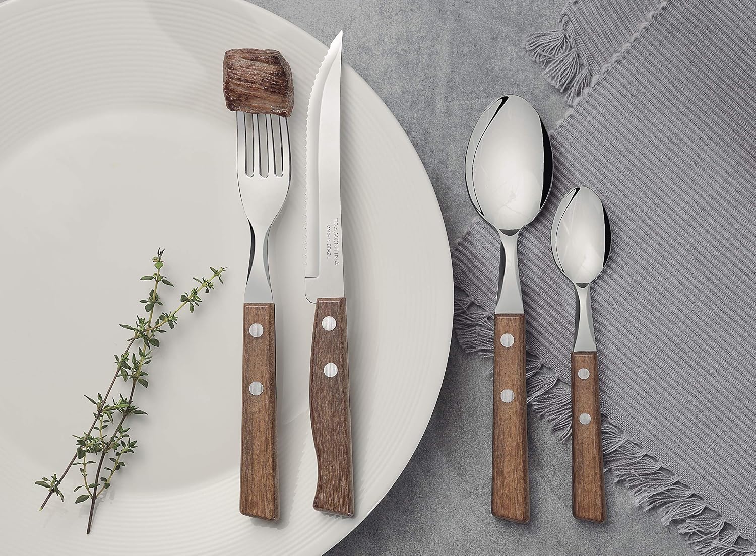 Tramontina Cutlery Set including Steak Knives, 24 Piece Sharp Knife, Forks, Teaspoons, Tablespoons with Wooden Handles - Image 4