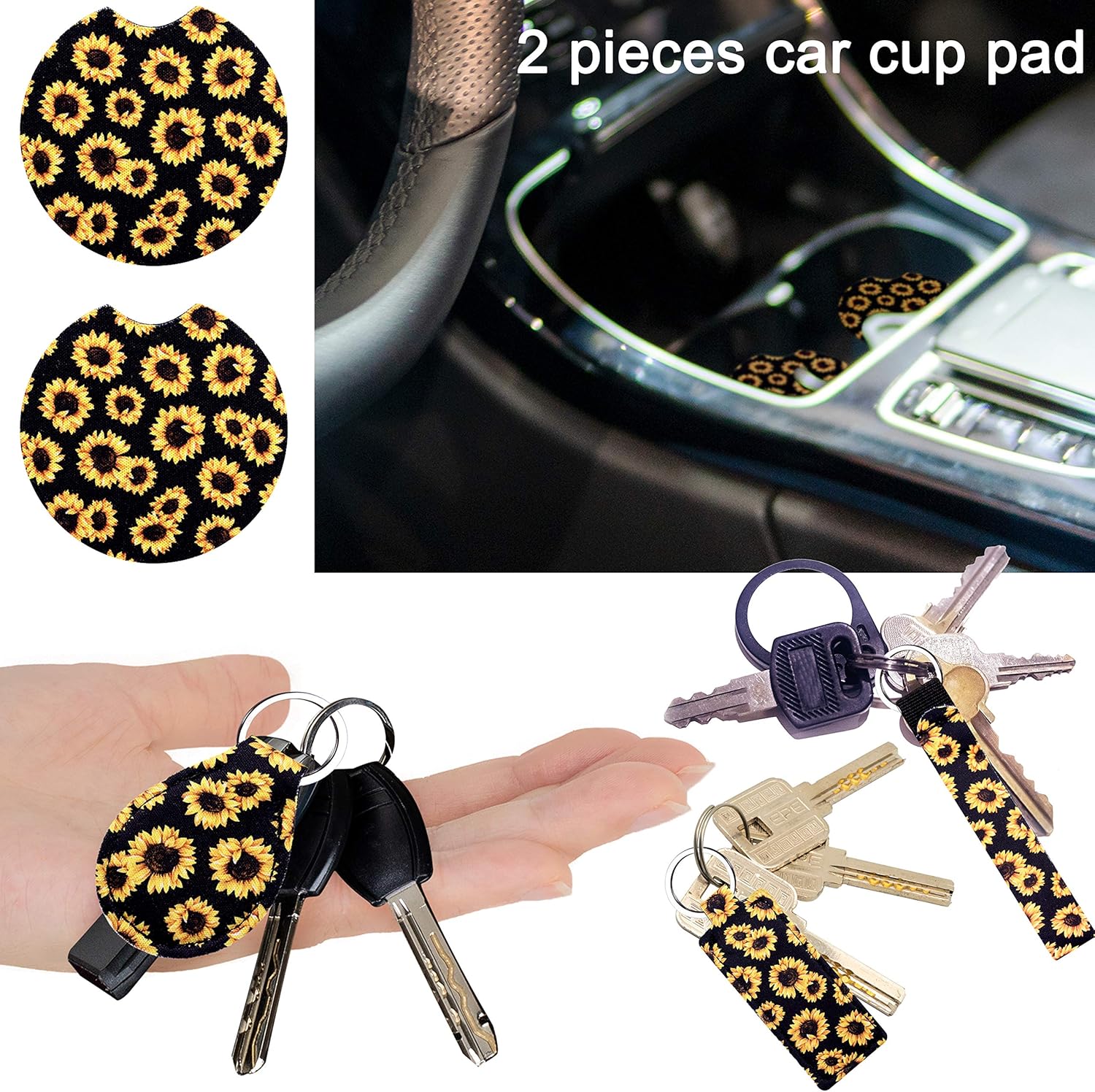 BQTQ 16 Pcs Sunflower Car Accessories with 2 Pcs Car Front Seat Covers 1 Pc Steering Wheel Cover 2 Pcs Seat Belt 2 Pcs Coaster 2 Pcs Keyrings 1 Pc Lanyard 2 Pcs Vent Decor 2 Pack Fragrance Cotton Pad: Automotive