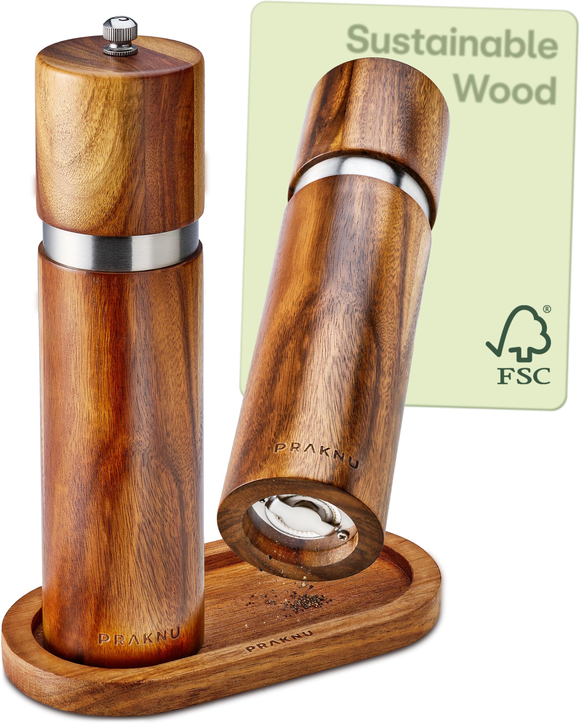 Salt and Pepper Mill Set with Tray - Made from FSC® Acacia Wood - Durable Ceramic Grinder - Plastic-Free