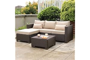 Oasishine Wicker Patio Furniture Patio Couch 3 Pieces Outdoor Sectional with Ottoman and Outdoor Storage Table with Lining Weathering Anti-Slip Cushions Furniture Covers, Khaki