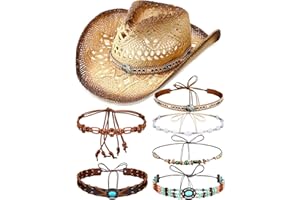 Skicuff Interchangeable Cowgirl Hat Set Straw Cowboy Hat for Women Western Cowgirl Hat with Six Decorative Bands