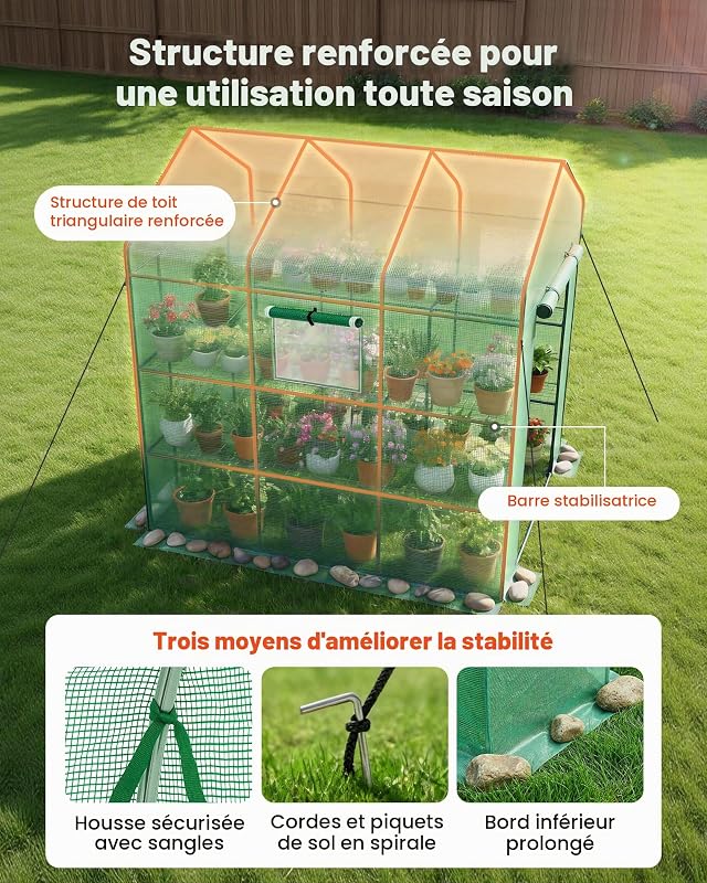 Serre de Jardin avec 14 Étagères 2 Niveaux Serre de Jardin pour Plantes et Fleurs en Pot, avec Bâche en PE, 2 Fenêtres, Porte Zippée Enroulable, Charge par Niveau 15 kg, 137x206x196 cm, Vert