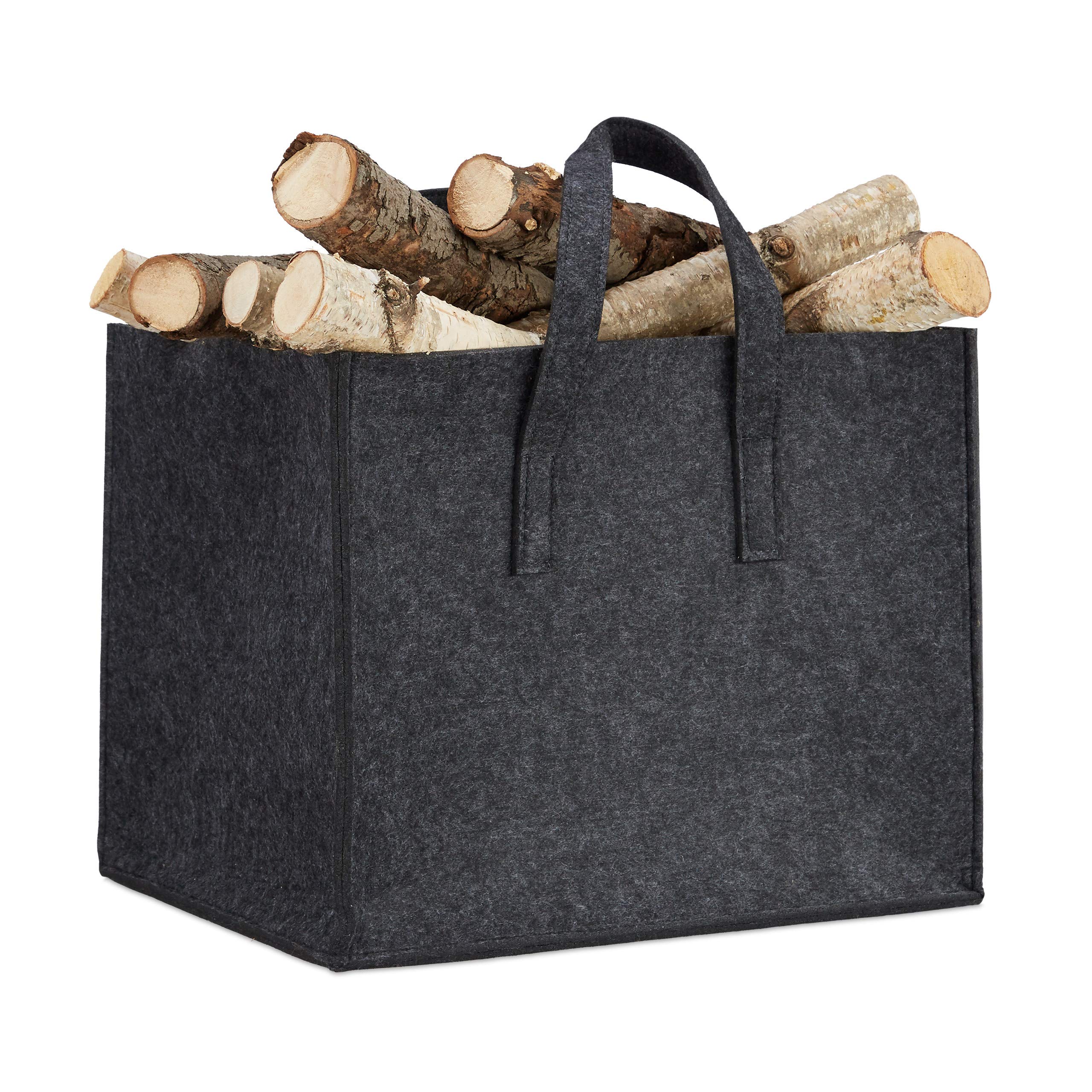 Relaxdays Felt Firewood Basket, HxWxD: 34.5 x 43 x 36.5 cm, 2 Handles, Foldable, Newspaper Holder, Dark Grey