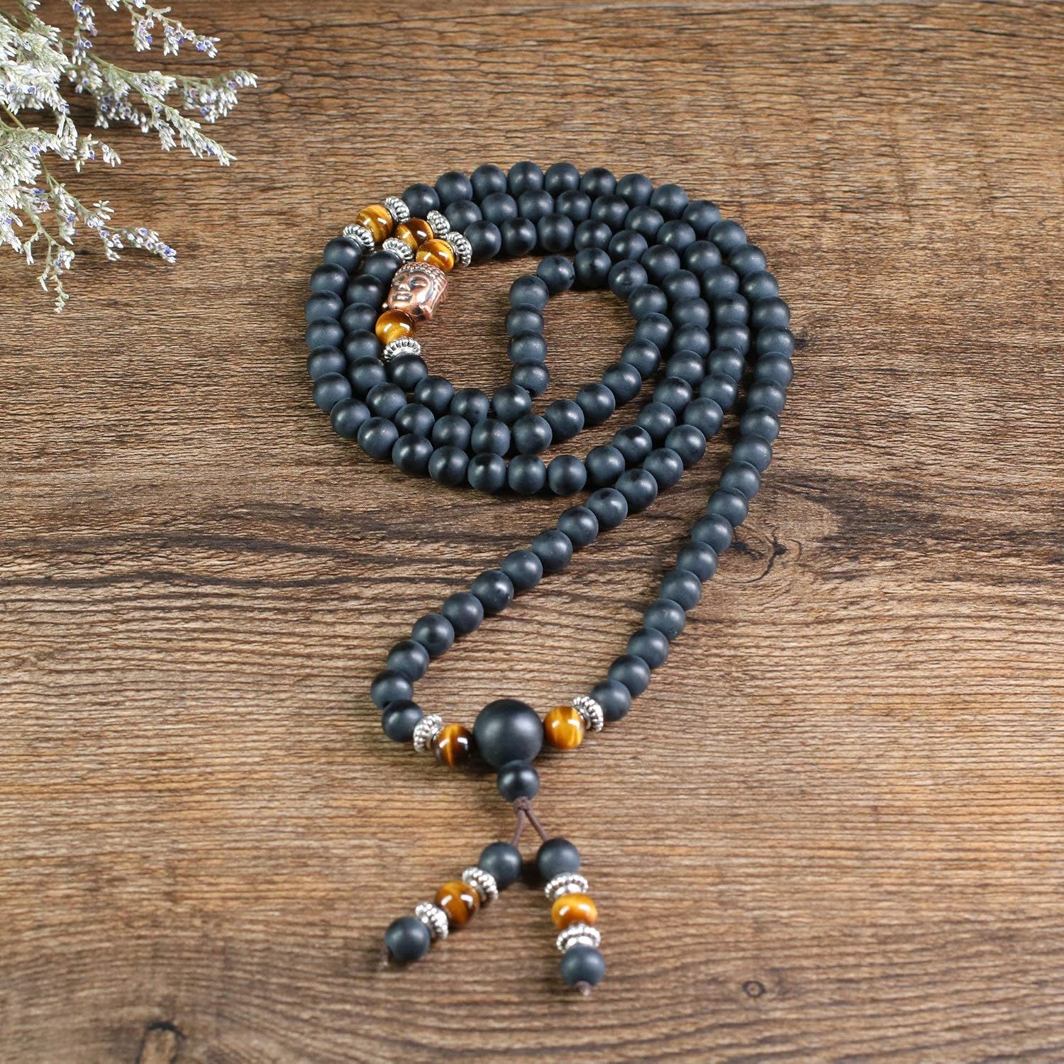 COAI 6mm 108 Mala Beads Matte Onyx Brown Tiger Eye Wrap Stones Bracelet Necklace, Matte Onyx & Tiger Eye, 5.5-6.5 inches (14-16.5 cm) - Image 5