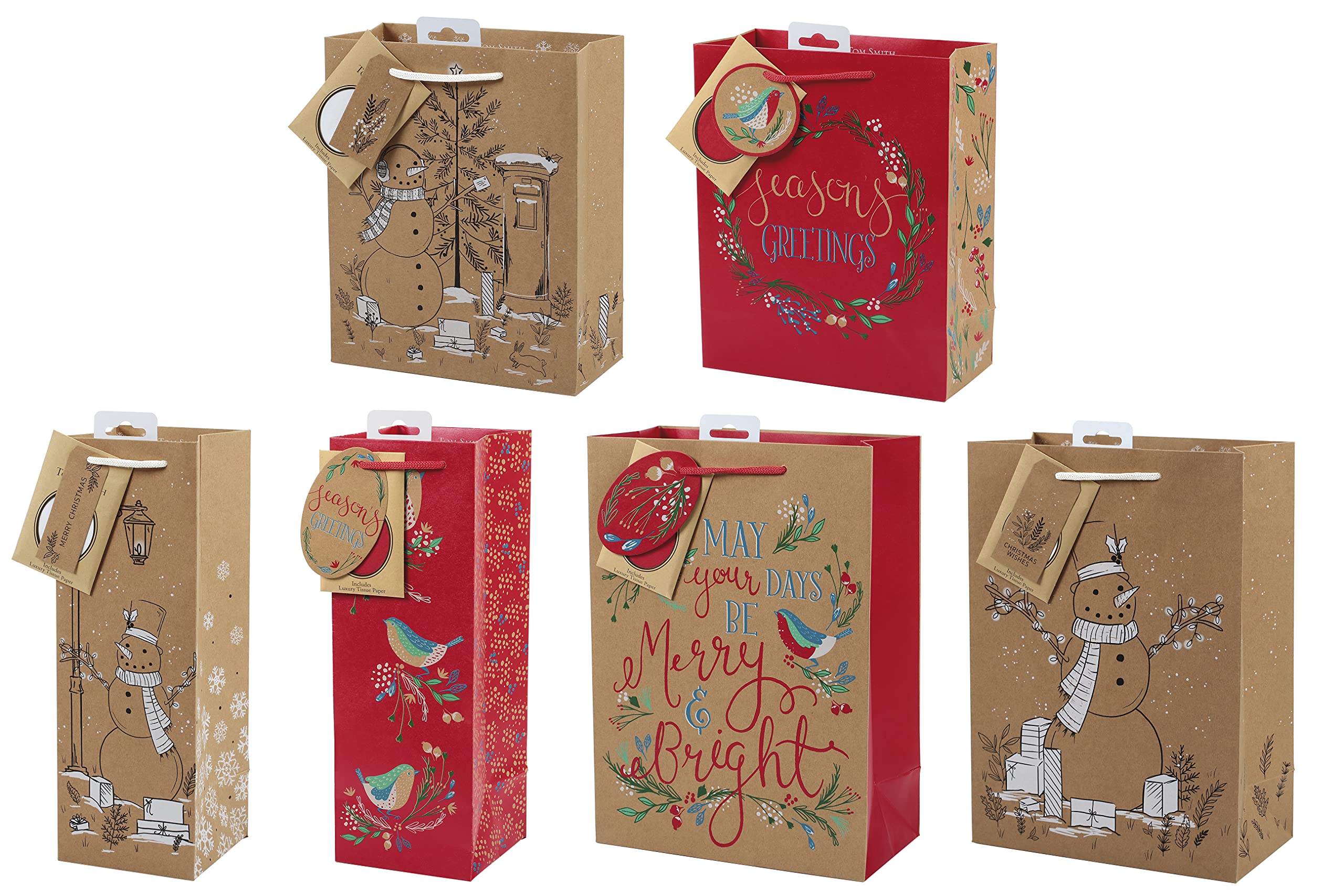 Tom Smith - Kraft Gift Bag Selection Box - Brown, Red & Green Design With Christmas Slogans, Illustrations & Embellishments - Includes 2 Large, 2 Medium & 2 Bottle Bags - Gift Tags Included