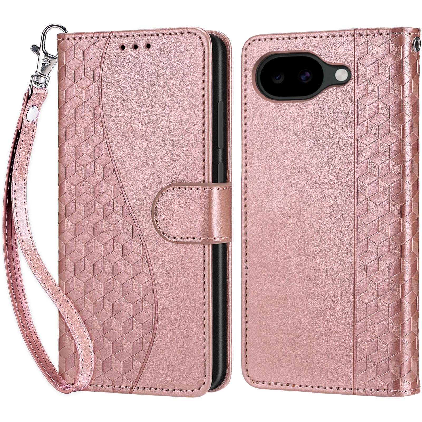 Handyhülle für Google Pixel 10a Hülle, Premium Leder Flip Klappbare Stoßfeste Magnetische [Standfunktion] [Kartenfächern] Schutzhülle Tasche, Roségold 3D