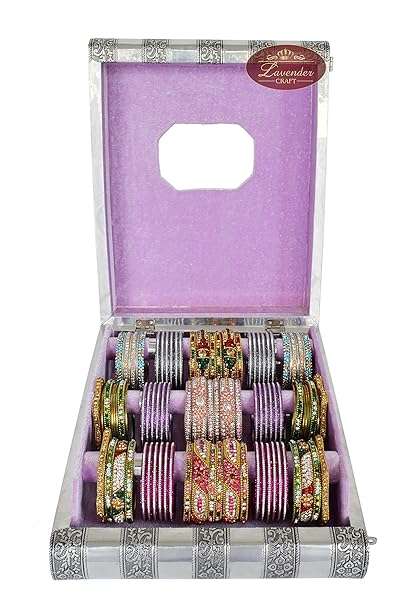 Lavender Craft Antique Look Handmade Premium Bangle Box with Mirror and 3-Roll (10 x 12 x 3.5 inches) Lavender Velvet