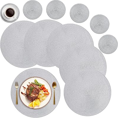 MI CASA Round Placemats and Coasters Set of 6 Grey Braided Woven