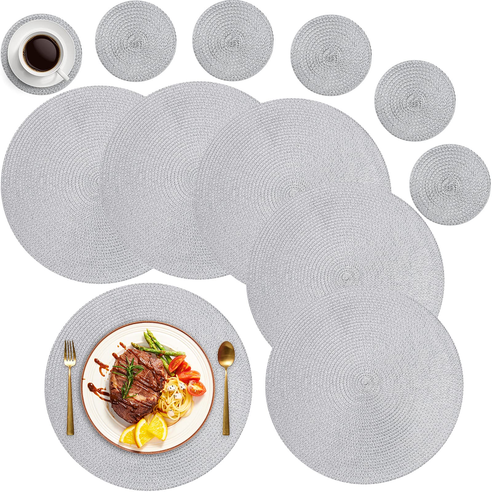 MI CASA Round Placemats and Coasters Set of 6, Round Braided Woven Place Mats Washable Heat Resistant Table Mats for Kitchen Dining Table Home Restaurant, Grey