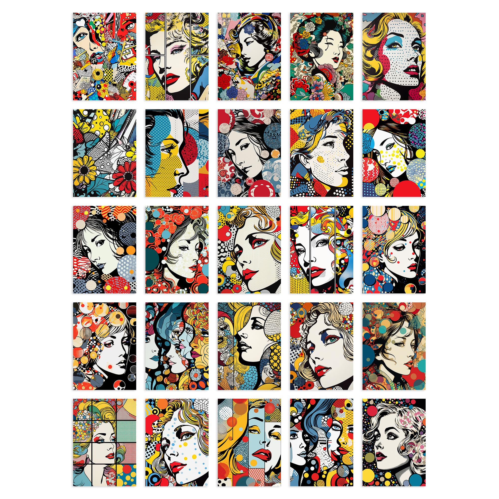 Artery8 50 Pcs Fashion Face Pop Art Bubble Comic Halftone Aesthetic Collage Kit Wall Art Prints A6 Set Pack 14.8 x 10.5 cm (5.8 x 4.1) Decor Student Teen Girl Polka Dot