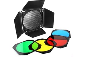 Fotoconic BD-04 Barn Door Barndoor with Honeycomb Grid and 4 Color Gel Filters (Red Yellow Blue Green) for 7 Inch Standard Reflector