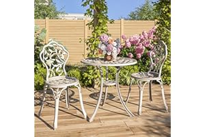 BELLEZE 3 Piece Bistro Set, Aluminum Bistro Table Set Outdoor Bistro Set, Weather-Resistant Garden Table and Chairs Wrought Iron Patio Furniture for Balcony Backyard, Leaf Design - White