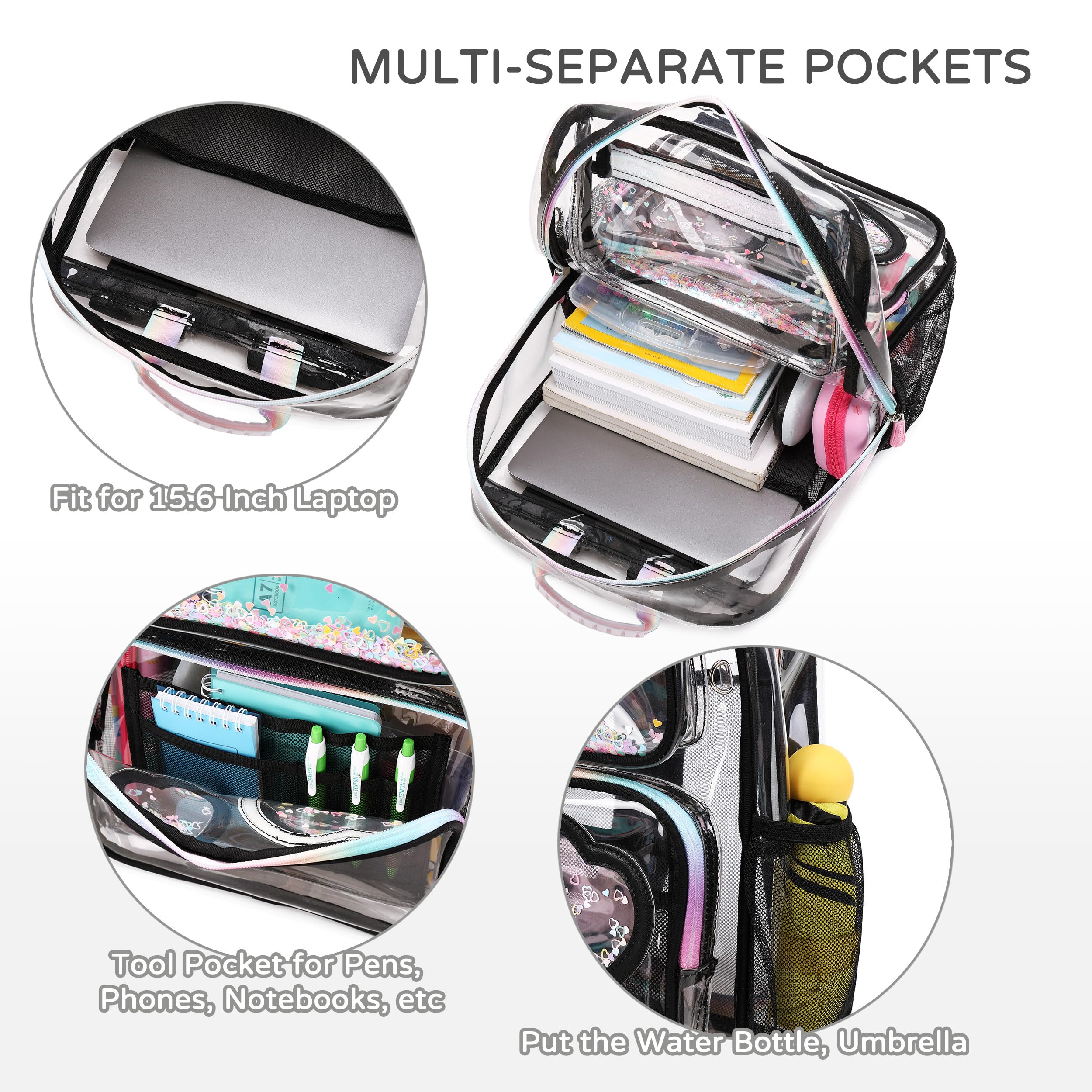 Clear Backpack for Girls Women Transparent Kids Elementary College School Bag Travel Laptop Backpacks Large Bookbags (Black)