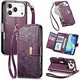TopFunny Cases for iPhone 17 Pro Wallet Case Flower for Women with Card Holder Retro Embossed Leaf PU Leather Zipper Flip Cover with Detachable Strap for Apple iPhone 17 Pro 6.3" Purple