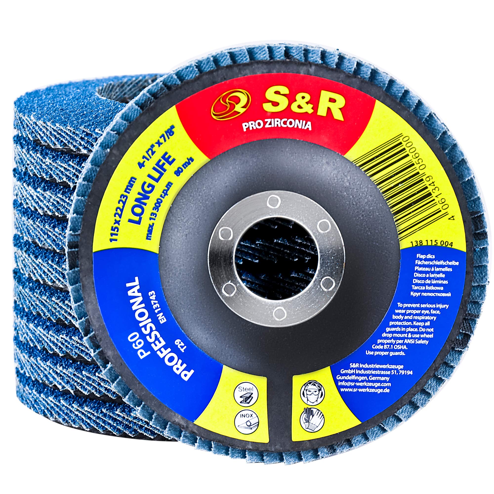 S&R Pro Zirconia Flap Discs Set of 10-115 x 22.23 mm, P60 for Steel and Stainless Steel Grinding, Professional Grinding Discs for Ultimate Precision and Durability