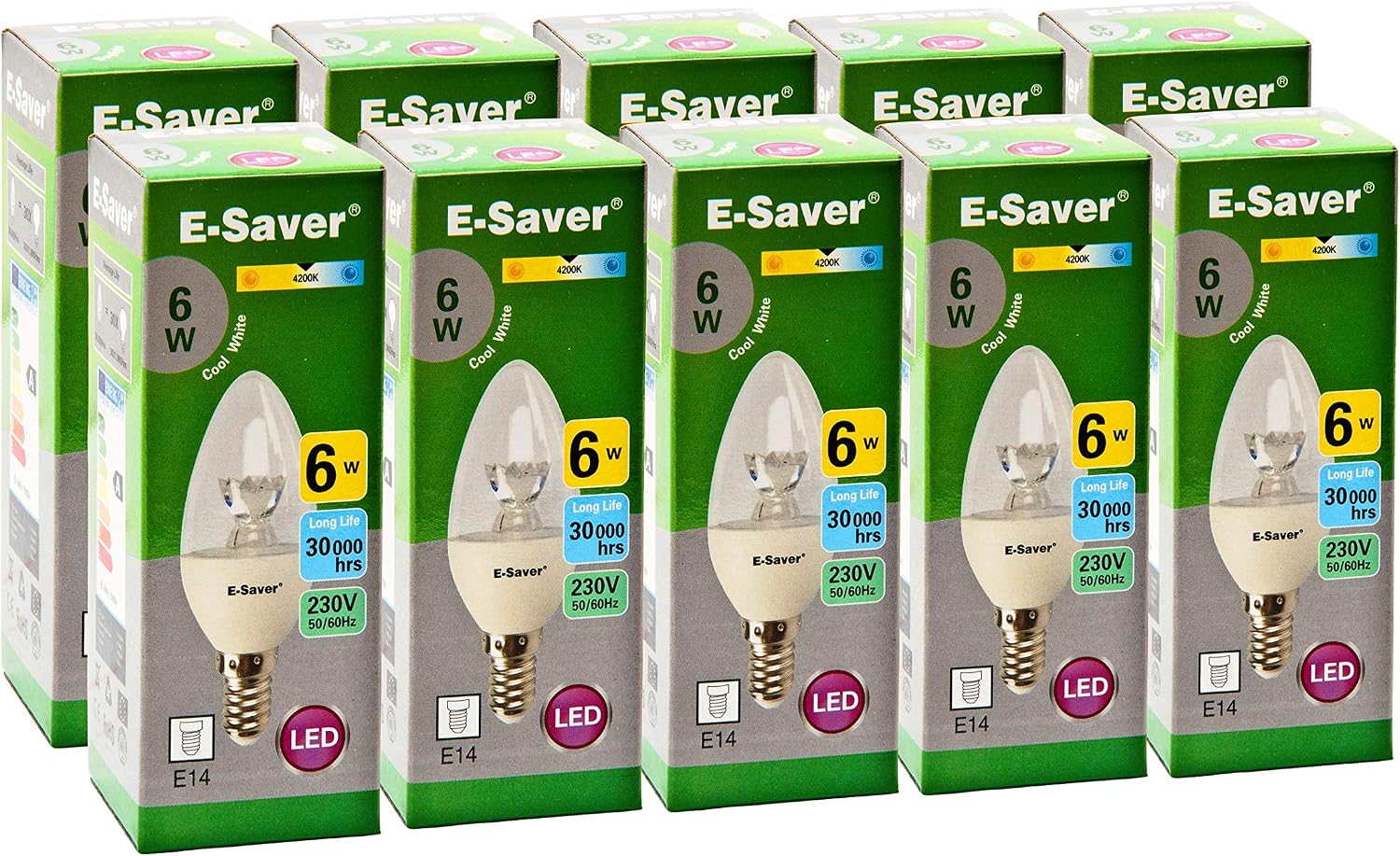 E-Saver, LED C37 Clear Candle 6w- Led Light Bulbs, (Pack of 10), 4200k Cool White LED Bulbs, E14, Small Edition Screw (SES)