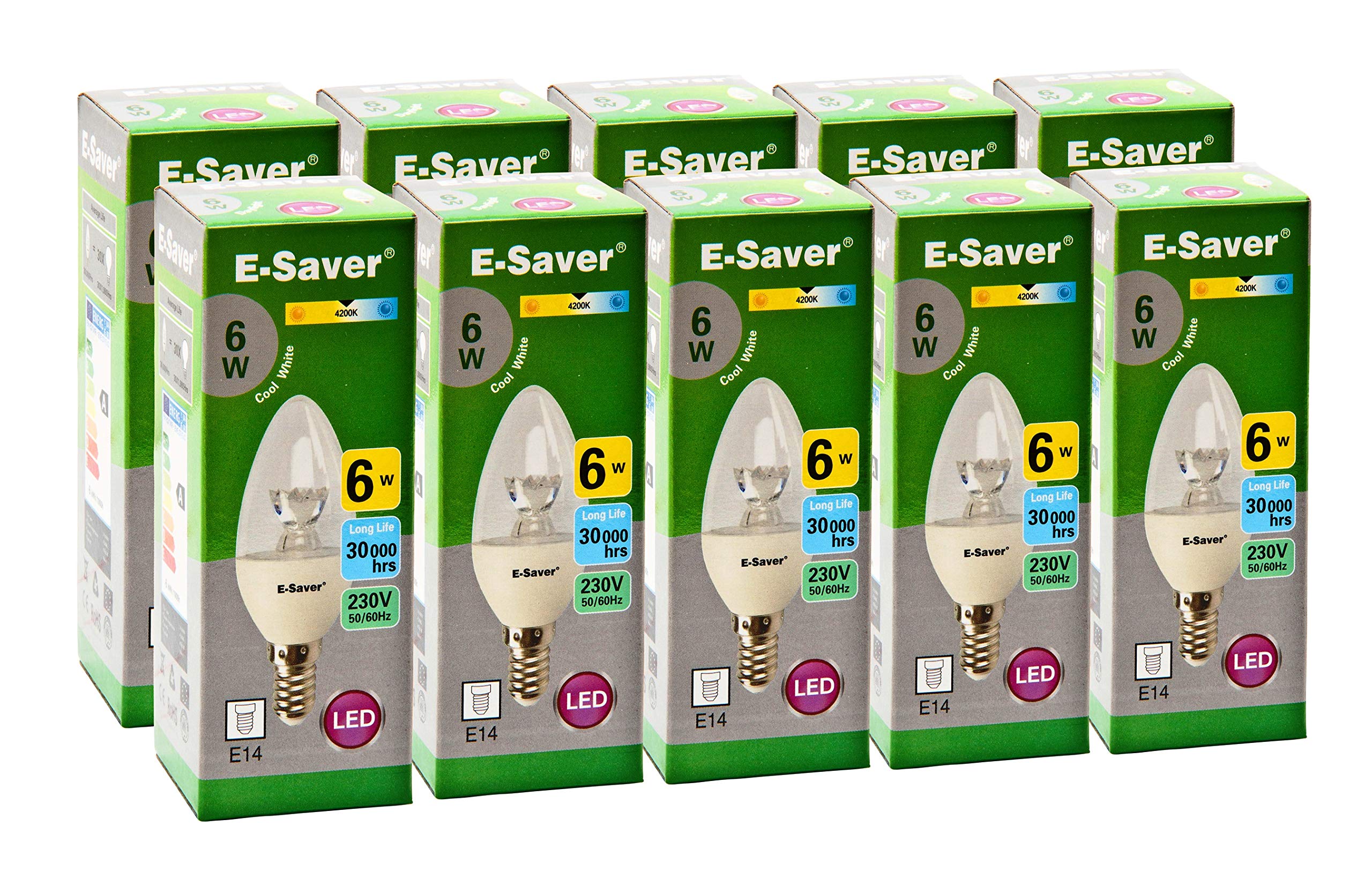 E-Saver - LED C37 Clear Candle 6w- Led Light Bulbs - (Pack of 10) - 4200k Cool White LED Bulbs - E14 - Small Edition Screw (SES) - Replaces 60w Halogen Candles - New Chip Technology - Non Dimmable