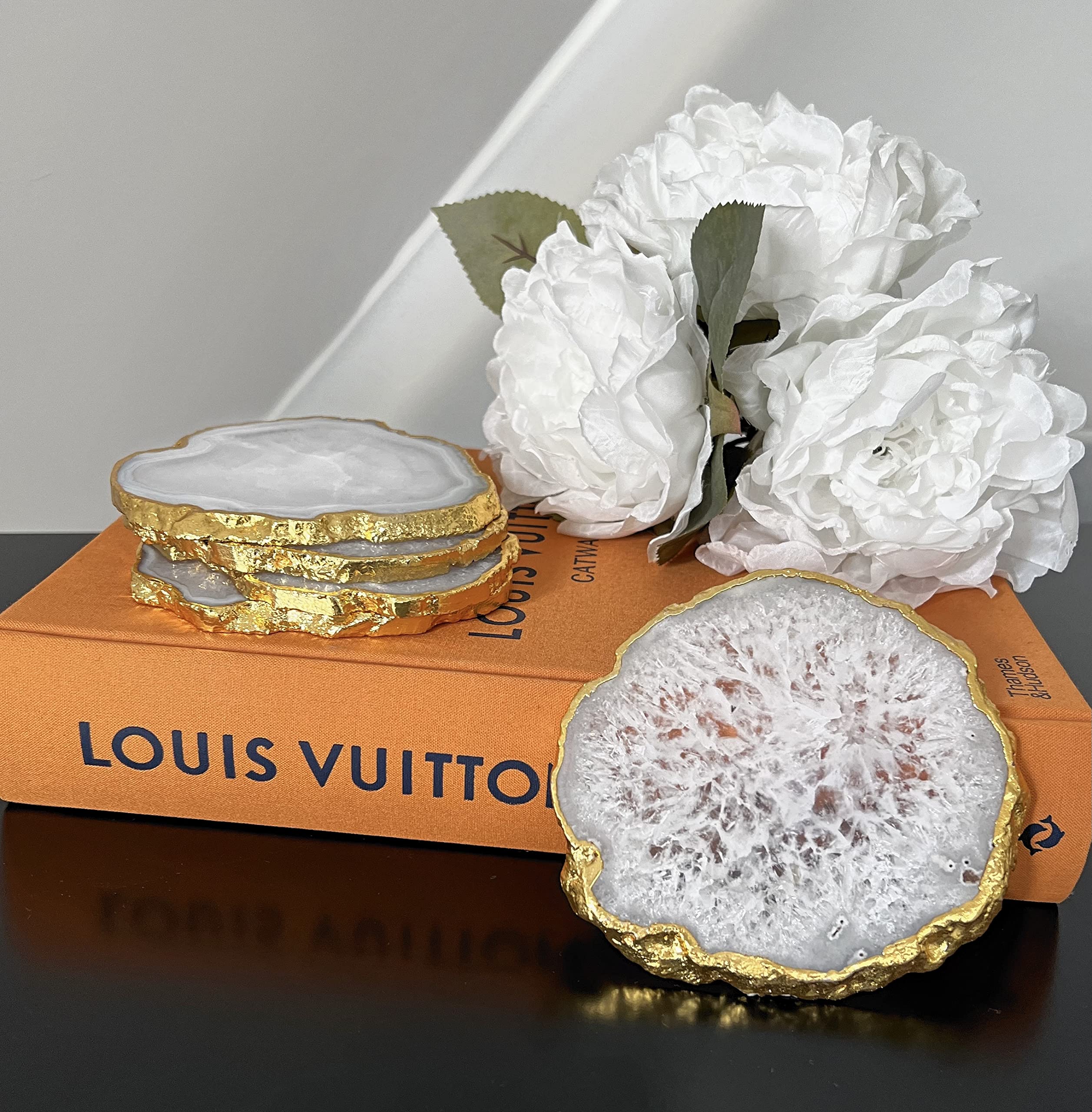 Crystal Coasters -White and Gold Salt Agate - Set of 2 Natural