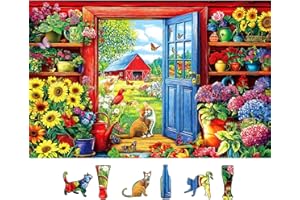 MINIWAN 500 Piece Jigsaw Puzzle for Adults - Country Garden with Cats & Sunflowers, 23x15 Inch Unique Art Puzzle with Shaped Pieces