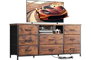 EnHomee Dresser for Bedroom with Power Outlets, 55" TV Stand Dresser with 8 Drawers, Fabric Dressers & Chest of Drawers for Living Room, Entryway, Rustic Brown