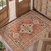 Boho Small Area Rug, 2x3 Washable Rug for Entryway, Vintage Throw Rug Oriental Non Slip Indoor Front Door, Distressed Terracotta Door Mat Carpet, Soft Low Pile Rugs for Entrance Kitchen Bedroom