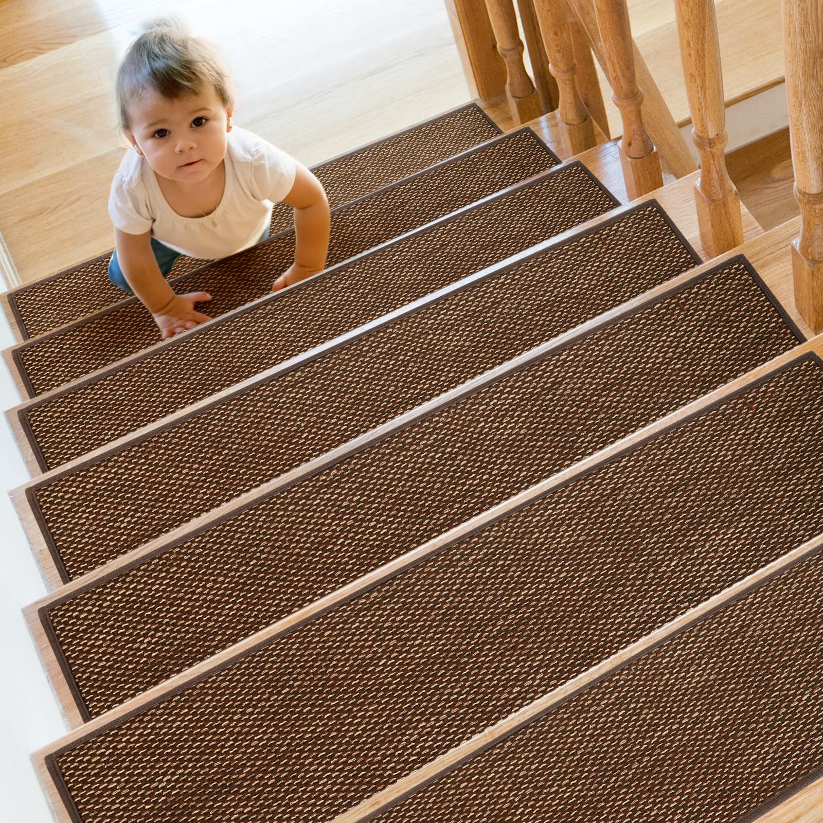 Photo 1 of SMILOOL Stair Treads Non Slip for Wooden Steps Indoor 15 Pack 8" X 30" Carpet Stairs Runner for Wood Stairs, Stair Tread Rugs with Reusable Adhesive for Dogs Kids and Elders, Machine Washable, Brown