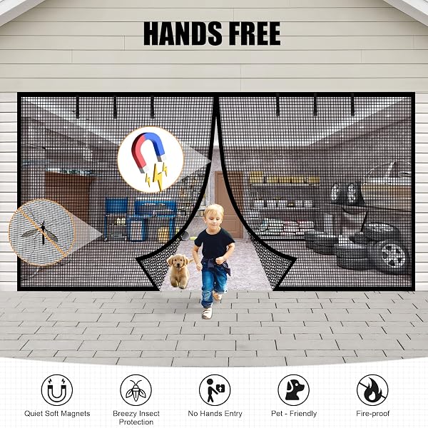 GARAGE DOOR SCREEN FOR 2 CAR GARAGE-18X7FT MAGNETIC GARAGE DOOR SCREEN WITH 6 ROLL UP STARPS FOR PATIO, OUTDOOR BLACK