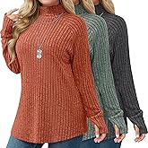 Ficerd 3 Pack Women's Plus Size Turtleneck Sweater Tunics, Long Sleeve Thumbhole Ribbed Tops Curved Hem Loose Pullover Shirts