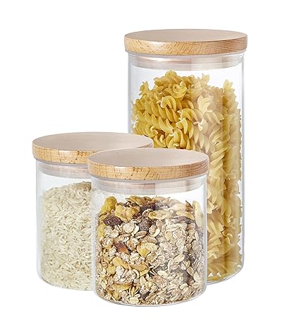 Buonostar Vorratsdosen Vorratsglas Set 3-teilig aus Glas Holz Größe: 2 x 0.6 und 1 x 1.1 Liter