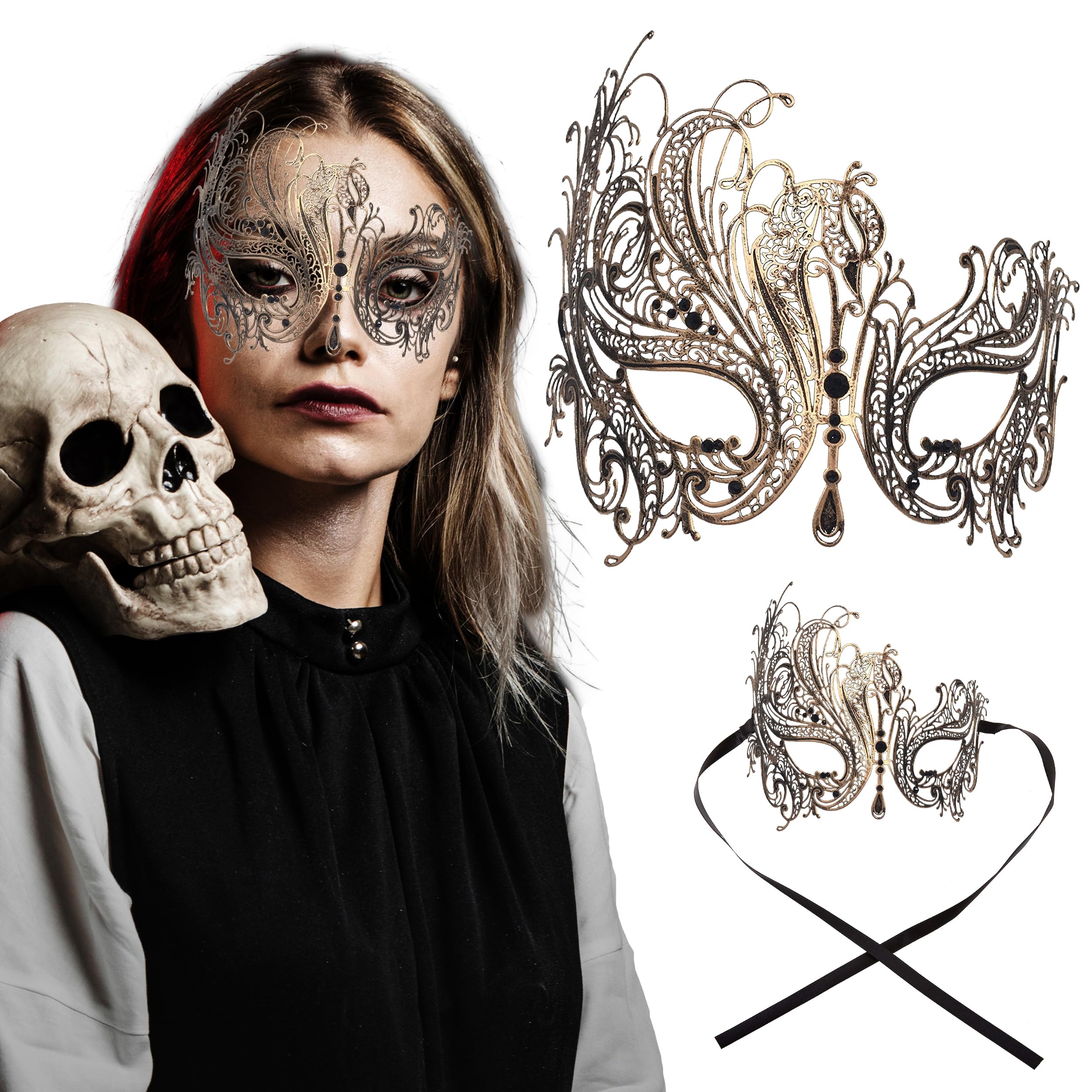 Metal Filigree Masquerade Mask for Women - Swan Style Mask with Rhinestones for Mardi Gras, Prom, Halloween & Venetian Party, Vintage/Black Stones, One Size