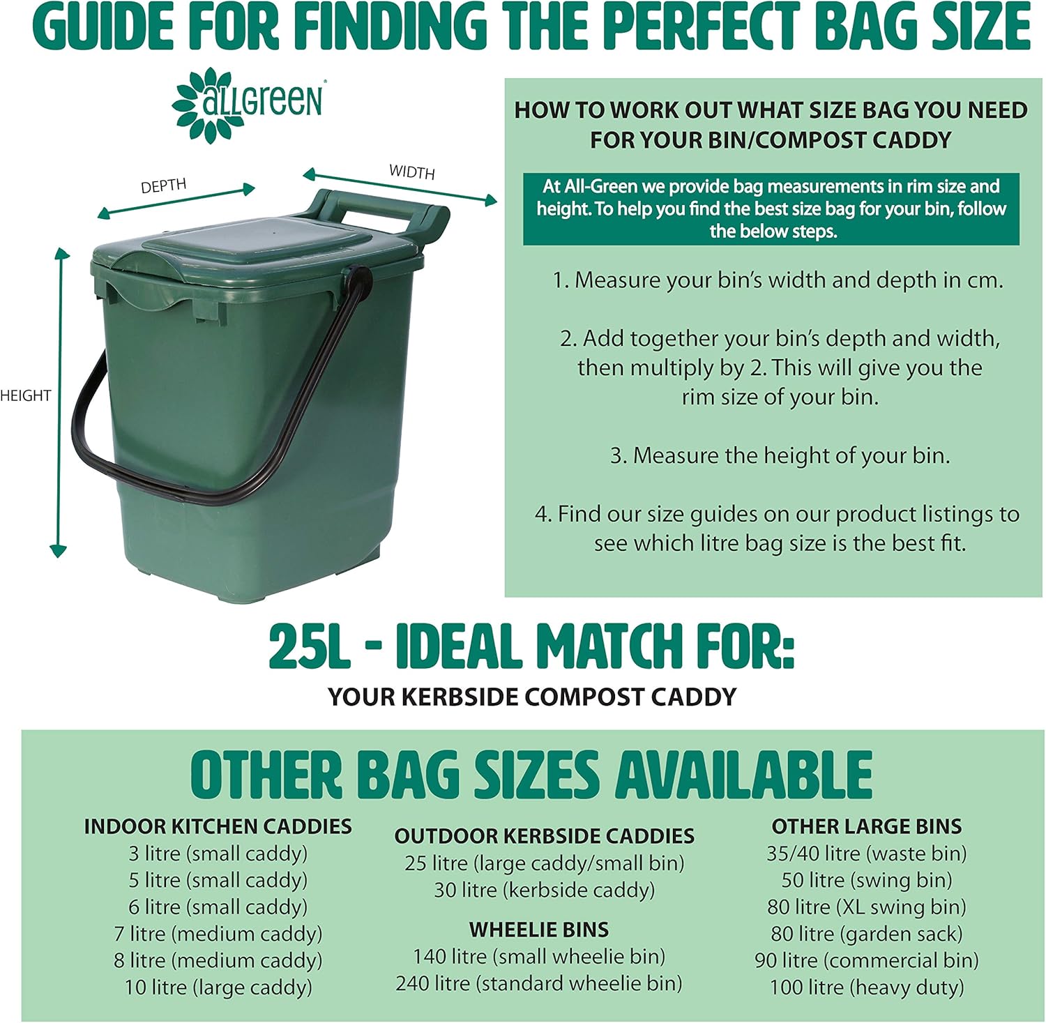 25 Litre x 50 Compostable Caddy Bags Compost Bag Kitchen Food Waste