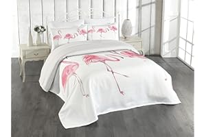 Lunarable Pink Flamingo Coverlet Set King Size, Exotic Birds Watercolors Nature of Brazil Rainforests Aloha Wildlife, 3 Piece Decorative Quilted Bedspread Set with 2 Pillow Shams, Pink White