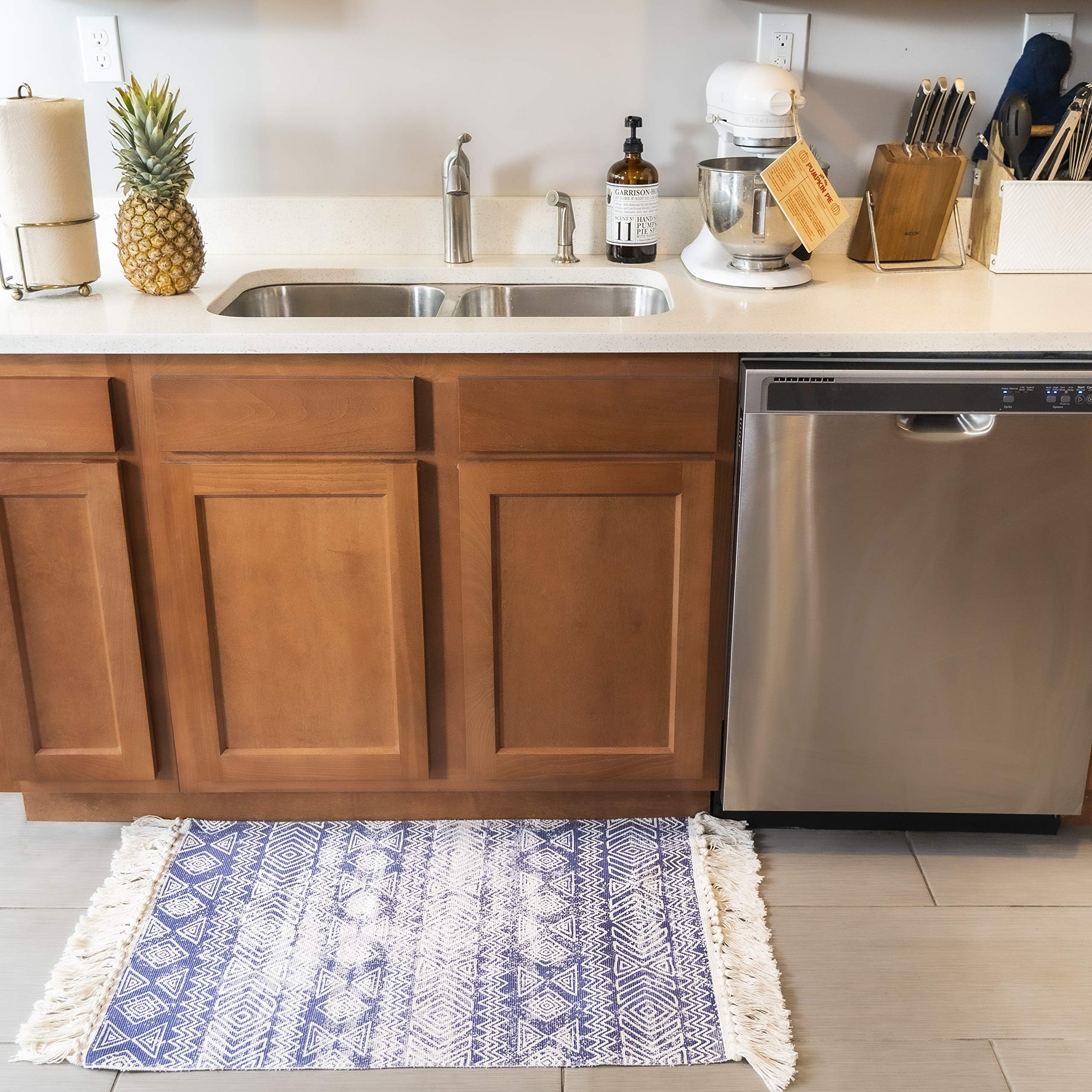 Woven, Bohemian, Rugs with Printed Patterns - Made with Cotton - Dimensions 60 x 90 cm - Used for Kitchens, Bathrooms, Living Rooms, Bedrooms, Walkways, Hallways - Geometric, Farmhouse Style (Blue)