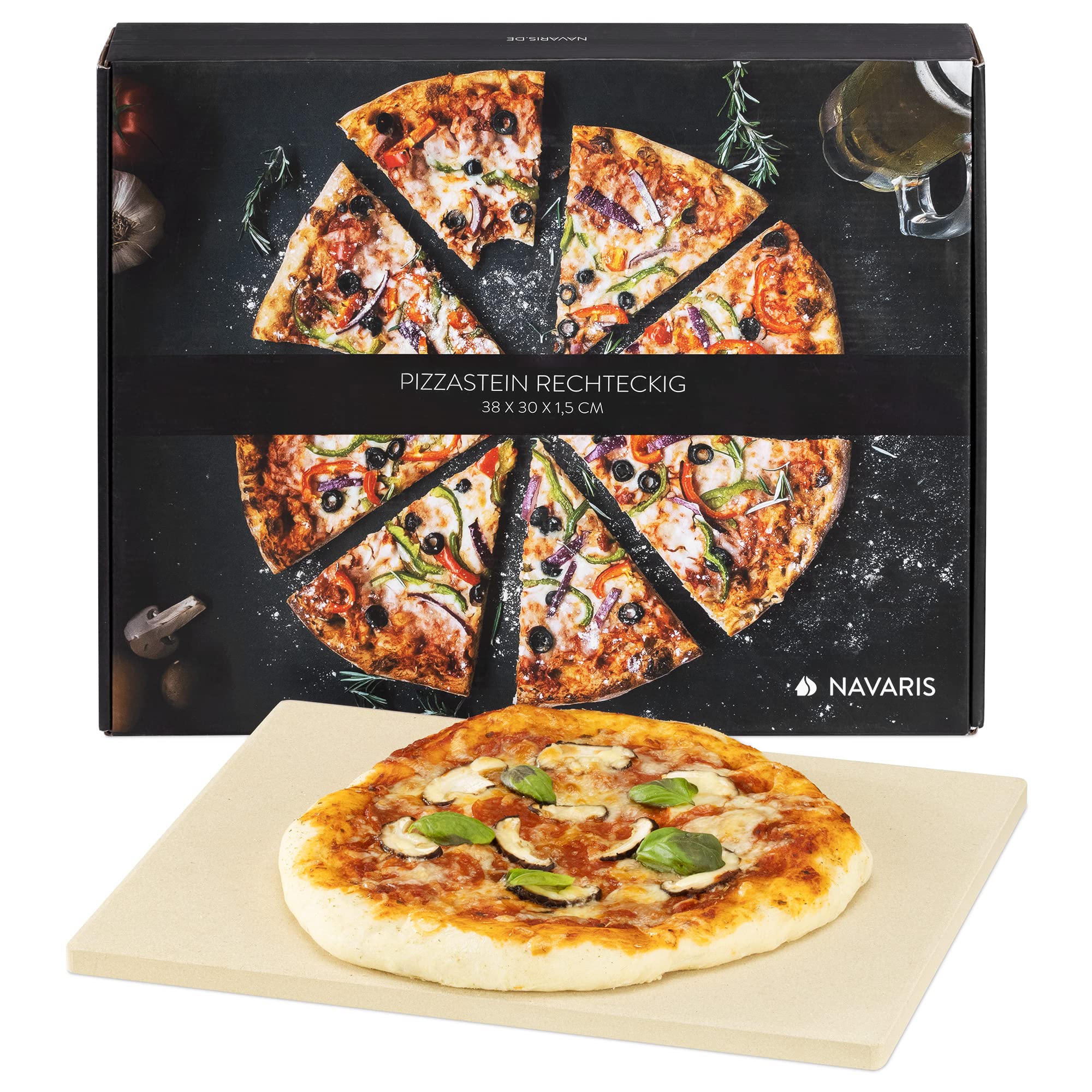 Navaris XL Pizza Stone for Baking - Cordierite Pizza Stone Plate for BBQ Grill Oven, Cook or Serve - Incl. Recipe Book - Rectangular, 38 x 30 x 1.5cm