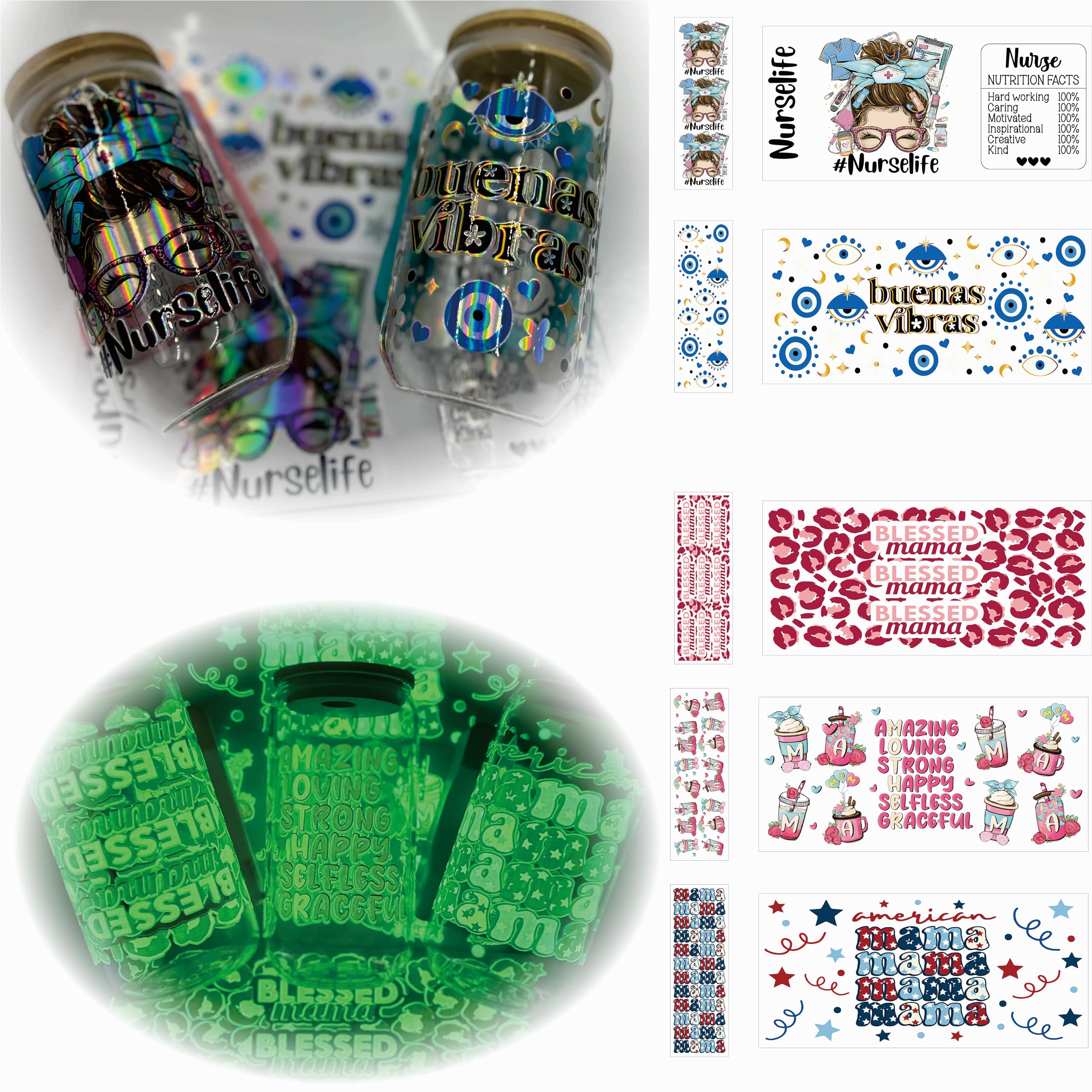 Photo 1 of ***3 PACKS INCLUDED***UV DTF Wrap Cup Glow-in-The-Dark Stickers for 16 OZ Libbey Glasses, 10 pcs, Laser & Glow-in-The-Dark Transfer Stickers with Transfer Tool, Waterproof Decals for DIY Crafts***3 PACKS INCLUDED***