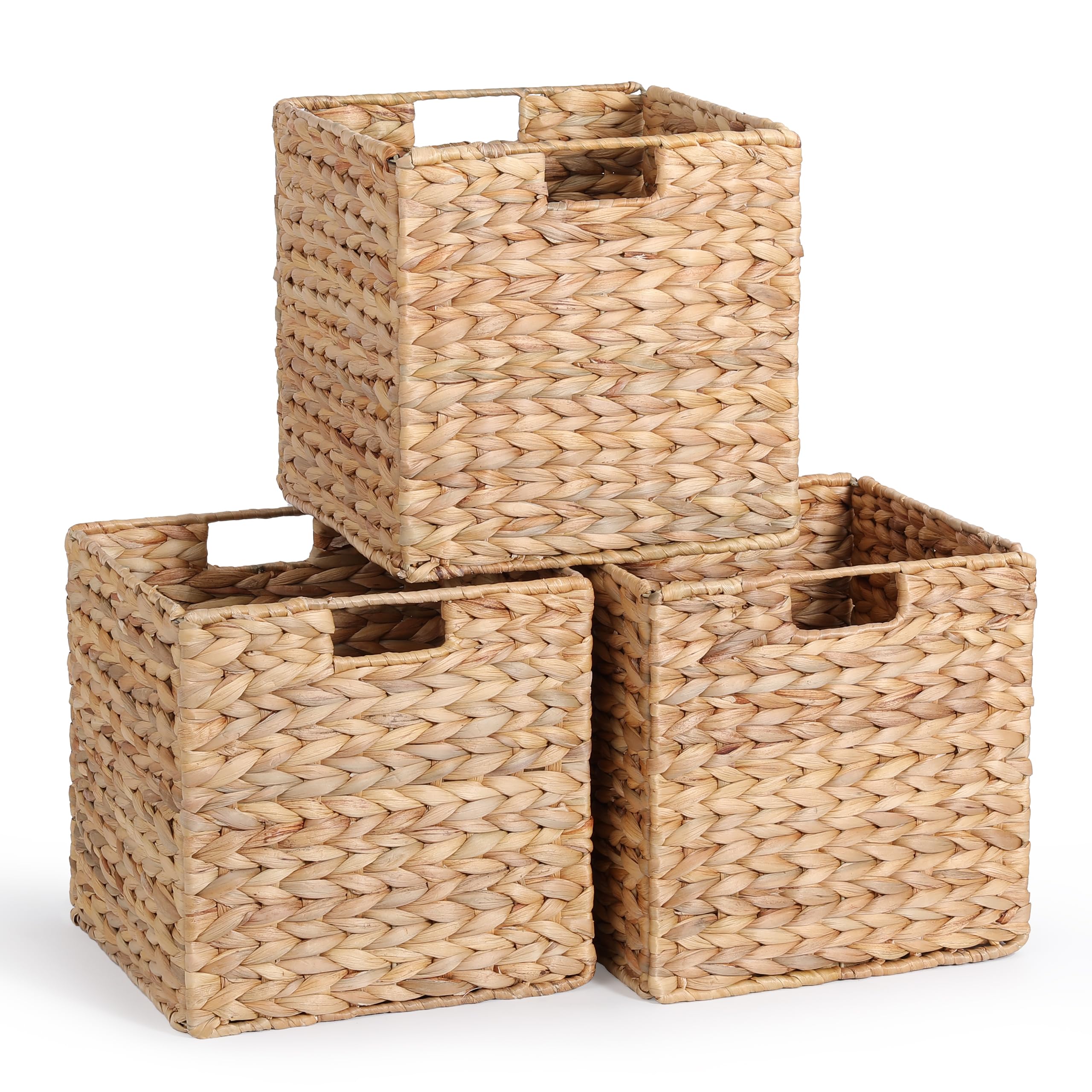 Photo 1 of 12 x 12 x 12in Water Hyacinth Storage Baskets, Wicker Storage Baskets for Shelves, Foldable Square Bins for IKEA Kallax Set of 3, Large Cubby Rattan Basket, Wicker Basket for Organizing