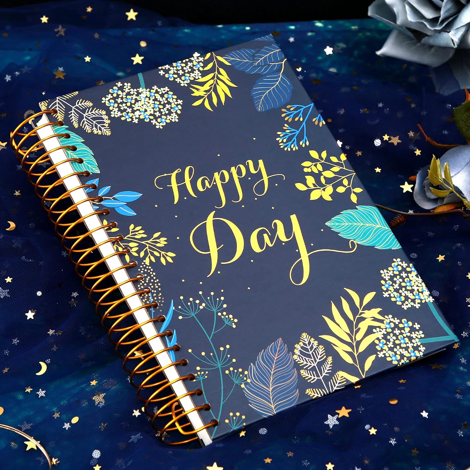 Floral Journal Spiral Notebook, Notes Journal Womens Notebook, College Ruled Pages, Perfect for School, Office & Home, Bold Golden Wire Binding, 180°Lay-Flat, 150 Sheets, 5.6" x 8.3"，Dark Blue : Office Products
