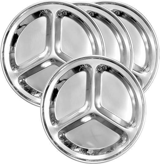 Round Stainless Steel Divided Plates (4Pack); 9.5Inch 3Section Divided Plates for Kids
