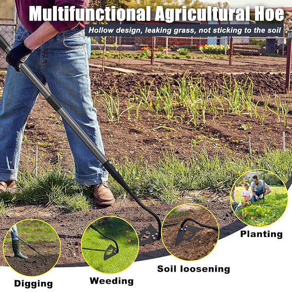 HOE GARDEN TOOL, HOLLOW HOE WITH 55 INCH LONG HANDLE, ADJUSTABLE MANUAL WEEDER HEAVY DUTY GARDEN HOE FOR WEEDING, DIGGING, HOEING, CUTTING AND LOOSING SOIL