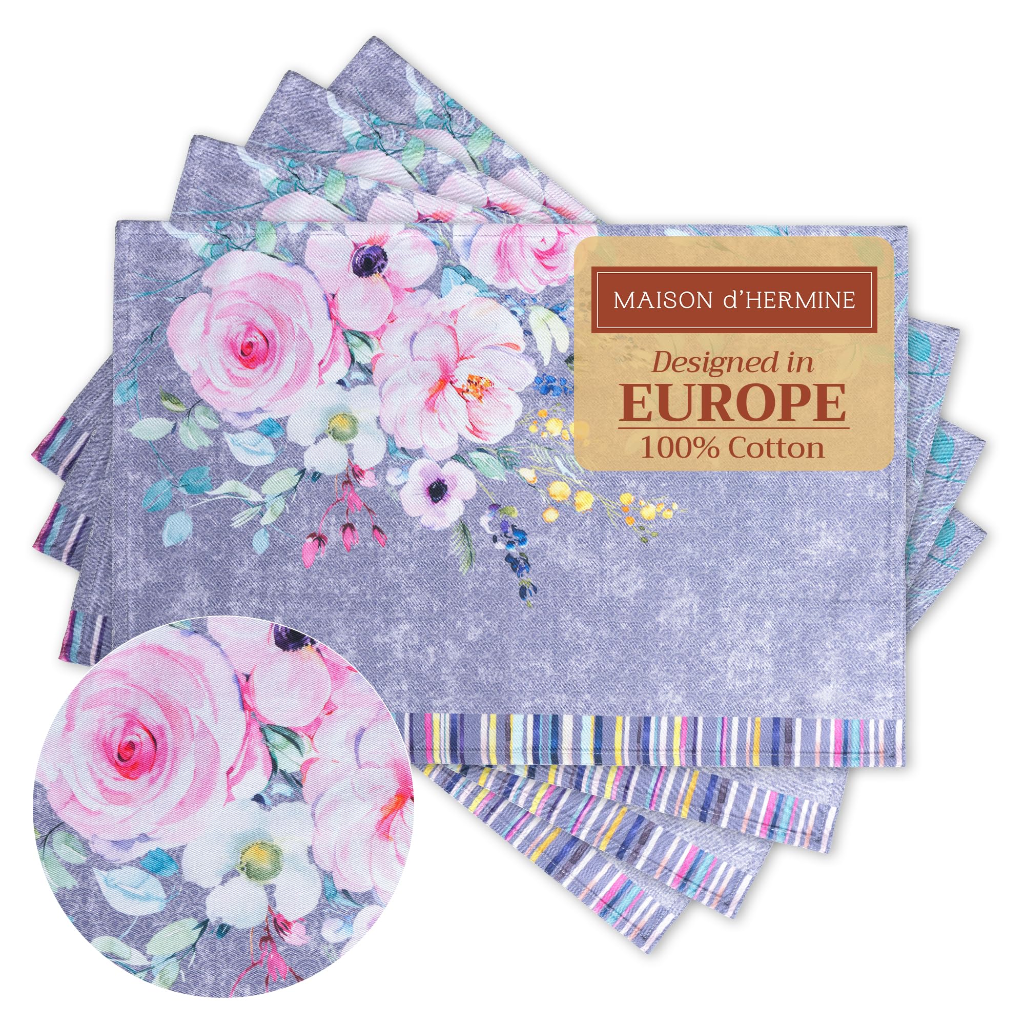 Maison d' Hermine Placemats Set of 4 100% Cotton Washable Reusable Table Mats for Home Kitchen Dining Wedding Restaurant Gifts for Mothers Day (Sweet Rose Lavender - Lush Lavender, 33 CM x 48 CM)
