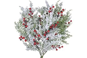 Winlyn 6 Pcs Snowy Artificial Cedar Picks with Red Berries Frosted Faux Cedar Sprays Christmas Cedar Greenery Branches Stems for Christmas Tree Wreath Floral Arrangement Vase Winter Holiday Décor