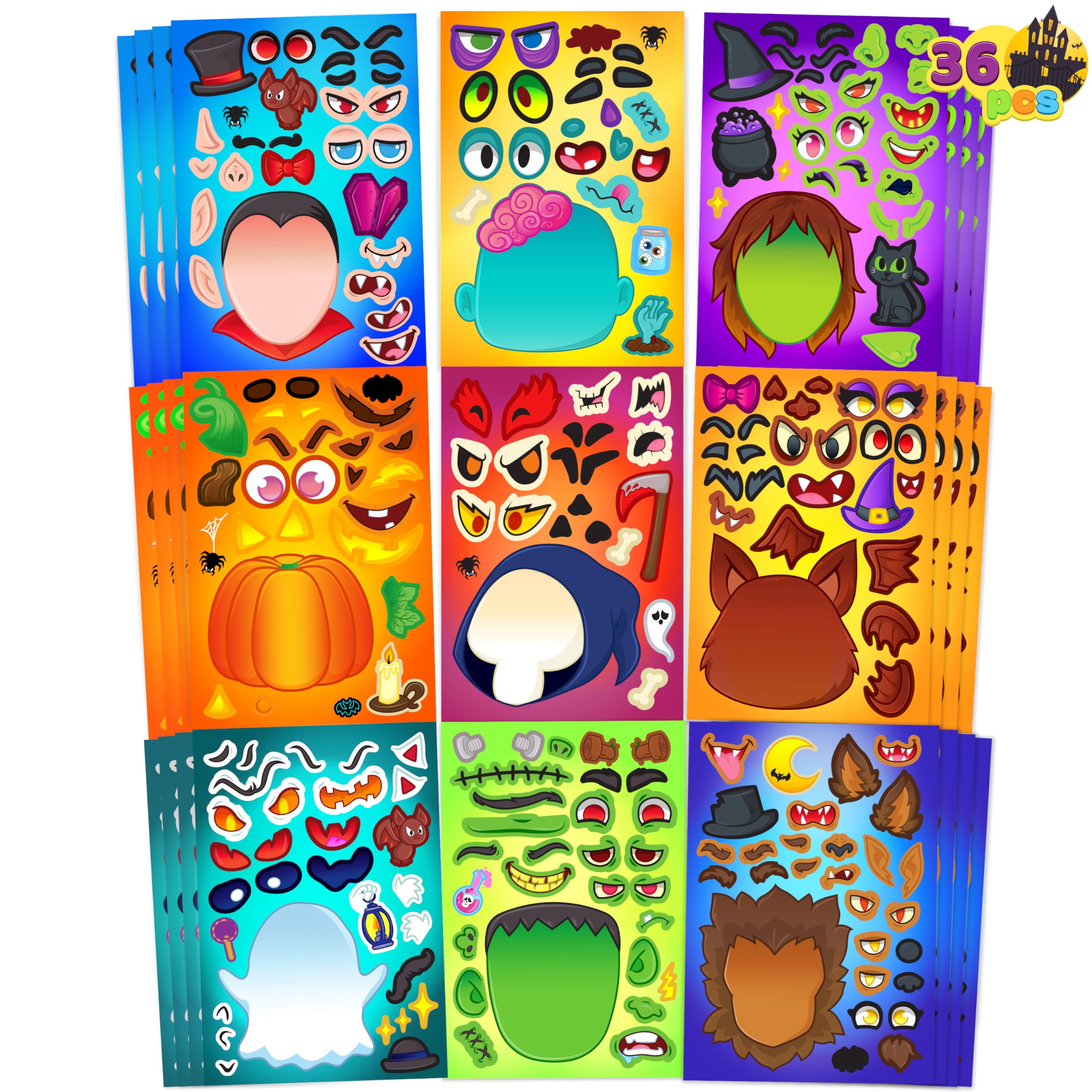 Photo 1 of JOYIN 36 PCS Halloween Make-a-face Sticker Sheet, Kids Party Favor Craft Supplies, Make Your Own Characters Stickers with Vampire, Witch, Frankenstein, Ghost, Halloween Goodies Class Activities Game