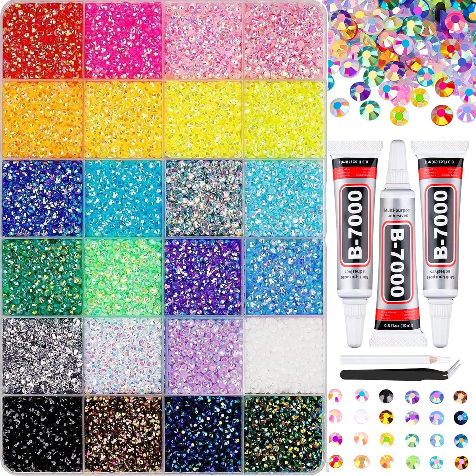 Photo 1 of 3mm Colorful DIY Resin Rhinestone Kit for Bedazzling, Multicolor Flatback Gems, 3Pcs 10ml B7000 Jewelry Glue for Bedazzled Nail Art Clothing Shoes Nail Book Diamond Art (24000)